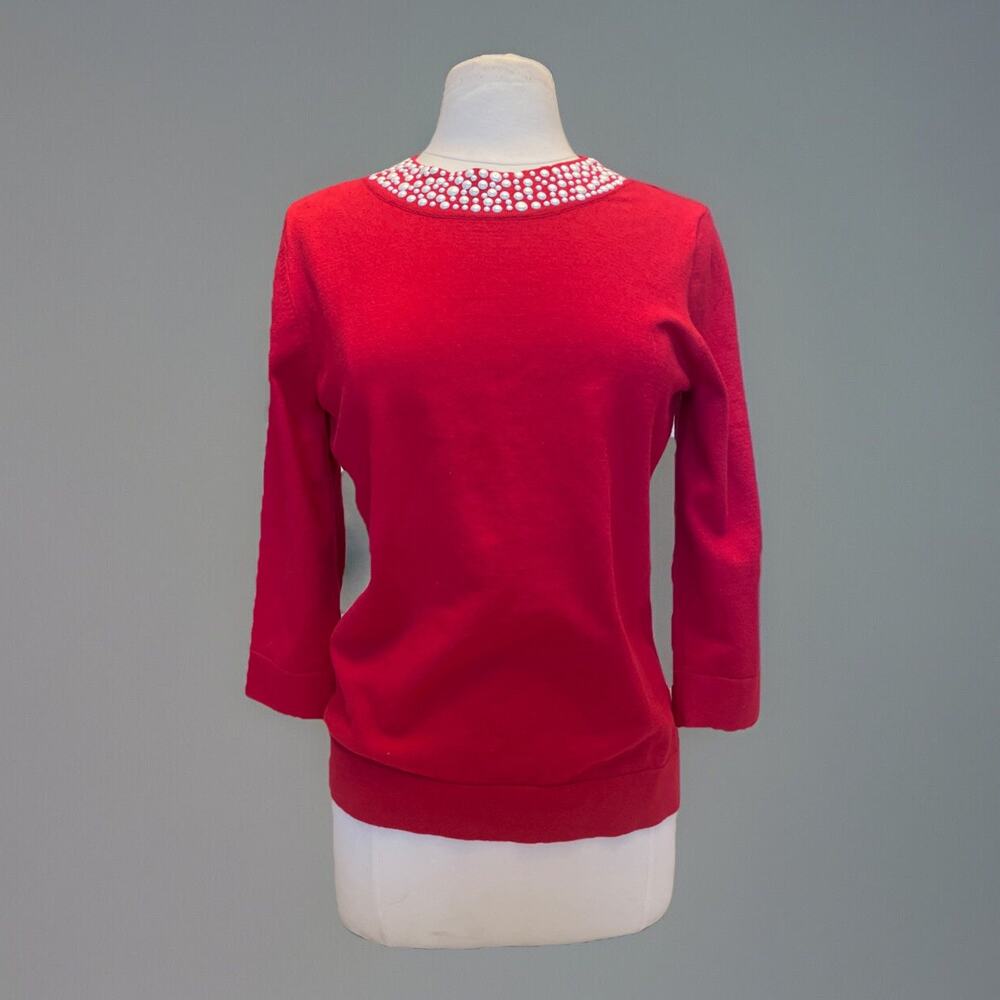 Beautiful Calvin Klein Size XL Red Pearl Neck 3/4 Sleeve Flat Knit Sweater